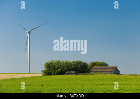 Windmills on the prairies with grain fields near St Leon Manitoba Canada Stock Photo