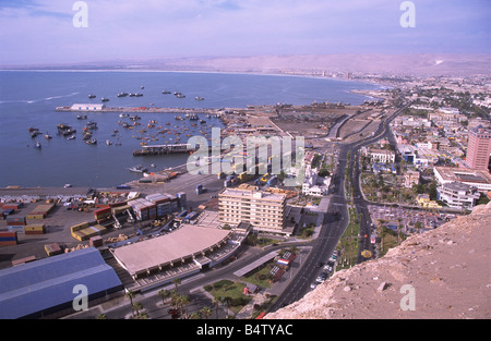 View over town and port from El Morro headland, Arica, Chile Stock Photo