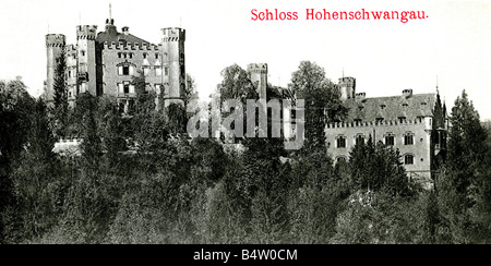 architecture, castles, Germany, Bavaria, Hohenschwangau Castle, exterior view, postcard, Lantz und Isenbeck, Damstadt, circa 1900, Stock Photo