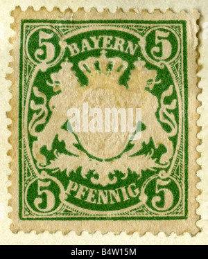 mail / post, postage stamps, Germany, Bavaria, 5 Pfennig stamp, 1876 - 1918, Stock Photo