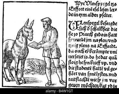 Eulenspiegel, Till (1300 - 1350), German joker, full length, page from the first preserved edition of the 'Eulenspiegel', by Johann Grieninger, 1515, Stock Photo