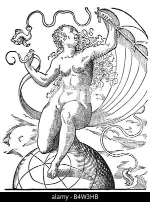 Fortuna, Roman goddess of fortune, woodcut, circa 16th century, Stock Photo