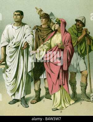 fashion, ancient world, Roman Empire, citizen with toga, lictor with fasces and sagum, woman with palla, peasant with hat and paenula, colour lithograph, 19th century, Romans, clothing, people, antiquity, historic, historical, ancient world, Stock Photo