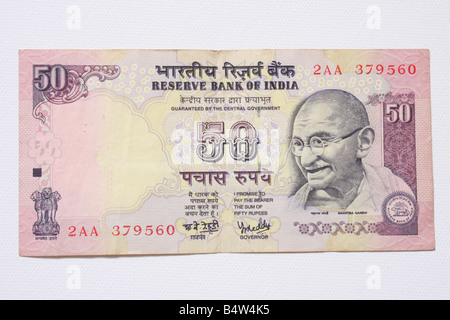 An Indian bank note featuring Mahatma Gandhi of 50 Rupees Stock Photo