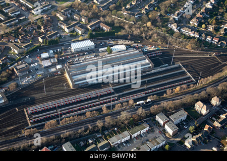 Aerial view north west of London Underground Hainault Rail Depot suburban houses Grange Hill Greater London IG7 IG6 England UK Stock Photo