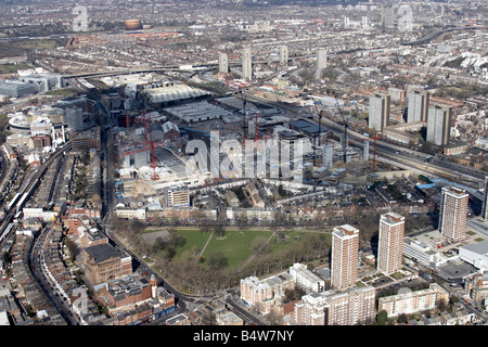 Aerial view north east of Shepherd s Bush Common Westfield White City Development Construction Site tower blocks London W12 Engl Stock Photo