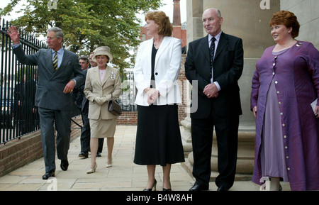 Prince Charles Visits Christ Church In Belfast September 2003 Prince Charles arriving at Christ Church opening waves to the public with Lady Carswell OBE Angela Smith Dr Bob Rodgers OBE Mrs Fionnuala Jay O Boyle MBE Stock Photo