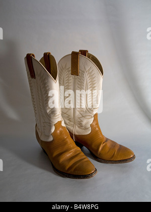A pair of embroidered high heeled high topped western cowboy boots made in Mexico Stock Photo