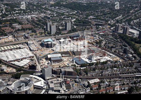 Aerial view south east of BBC TV Centre Wood Lane Westfield White City Development Construction Site London W12 England UK Stock Photo