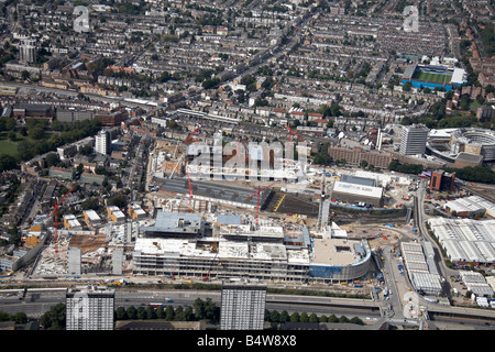 Aerial view south west of Westfield White City Development Construction Site West Cross Route suburban houses tower blocks Londo Stock Photo