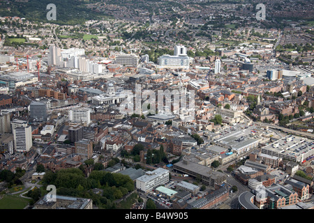 Aerial view north east of Nottingham City Centre inner city buildings Maid Marian Way Nottinghamshire NG1 England UK Stock Photo