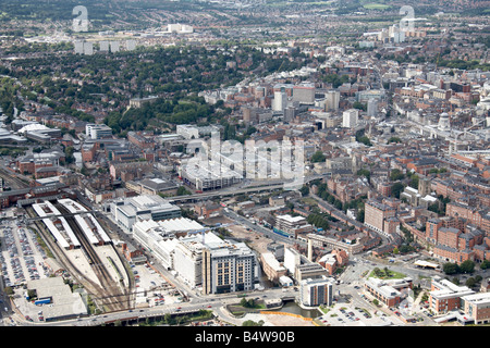 Aerial view north west of Nottingham City Centre NET railway line Station Street inner city buildings London Road The Great Nort Stock Photo