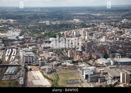 Aerial view west of Nottingham City Centre railway line Nottingham Arena inner city buildings London Road Poplar Street NG1 Engl Stock Photo