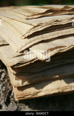 pile of old faded newspapers outdoors in sun Stock Photo