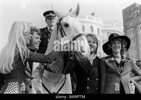 The Eurovision Song Contest April 1974 Abba the 1970s Swedish pop group consisting of Benny Frida Bjorn and Anna who won in the Stock Photo