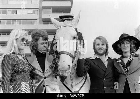 The Eurovision Song Contest April 1974 Abba the 1970s Swedish pop group consisting of Benny Frida Bjorn and Anna who won in the Stock Photo