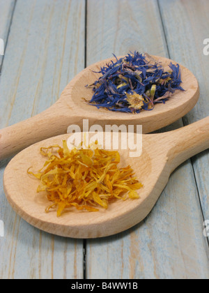 dried cornflower and pot marigold on wooden spoons on a kitchen table Stock Photo