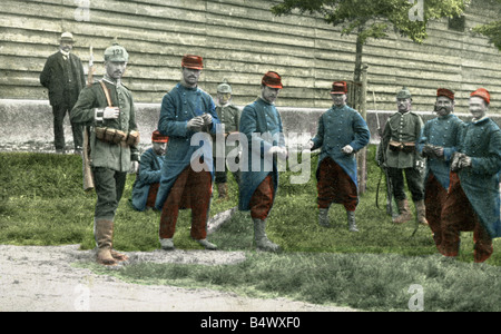 events, First World War / WWI, prisoners of war, French soldiers and German guards, photo postcard, coloured, circa 1914,