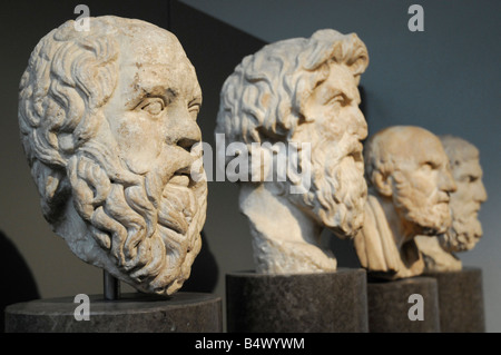 Bust of Socrates, Roman copy of lost Greek original. Antisthenes, Chrysippos and Epikouros are in the background. Stock Photo
