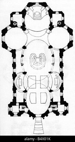 architecture, floor plans, Basilica of the Vierzehnheiligen near Staffeltein, built 1743 - 1772, architect: Balthasar von Neumann, wood engraving, 19th century, plan, catholic church, Forteen Helpers, religion, christianity, Baroque, Europe, Germany, Bavaria, Franconia, 18th century, historic, historical, Stock Photo