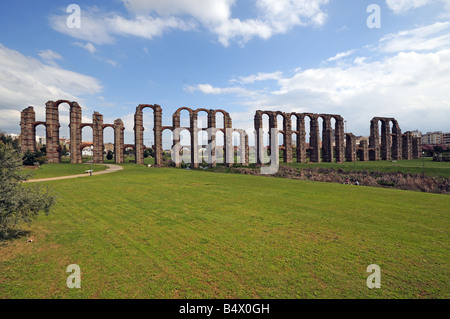 Part of ancient Roman Aqueduct Acueducto de los Milagros in Merida Extremadura Spain Stock Photo