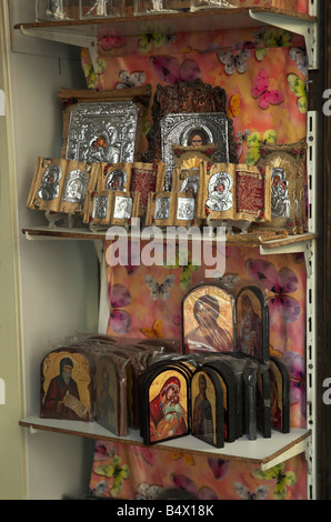Display of religious icon souvenirs in old town Rethymnon Crete Greece September 2008 Stock Photo