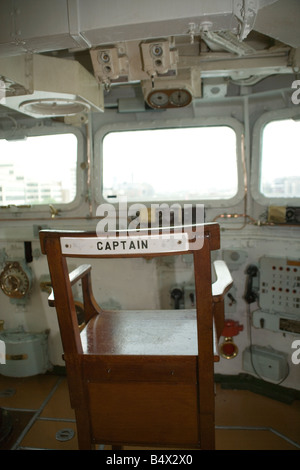 Captain's bridge on HMS Belfast the World War Two battleship moored on the River Thames in central London Stock Photo