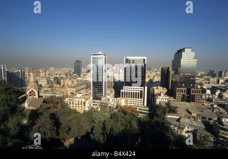 Panorama of city centre and high rise buildings seen from Cerro Santa Lucia, smog and air pollution in background, Santiago de Chile, Chile Stock Photo