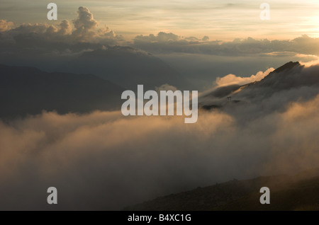 Cloud sea and sunset over Dents du Midi from Cabane du Mont Fort, near Verbier, Swiss Alps (Pennine Alps, Valais region). Stock Photo