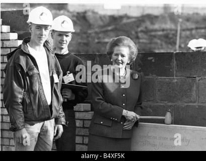 Margaret Thatcher at the foundation stone laying ceremony at St Peter s Basin Newcastle Quayside with building apprentices Alan Stock Photo