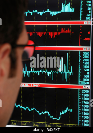 Futures and Options Derivatives Trader Looking at a Screen of Market Data Stock Photo