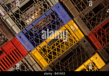 Colourful plastic fish crates in fishing harbour , Iquique , Chile Stock Photo