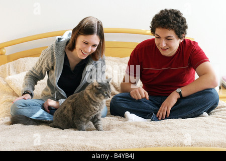 Young couple playing with their kitten Stock Photo