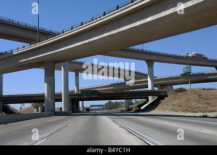 10 freeway I-10 Los Angeles CA, California highway signs,  traffic near the Ontario Airport exit Ca, US major East West freeway Stock Photo