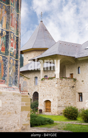 Bucovina Moldavia Romania Europe Painted church wall in fortified Sucevita Monastery compound Stock Photo