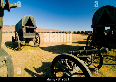 Memorial of the Boer trek, laager-like circle of horse-drawn caravan waggons, Blood River, Dundee, Kwazulu-Natal, South Africa Stock Photo