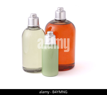 Three bottles of hygiene product on white background Stock Photo