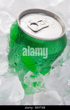 Green Can Of Fizzy Soft Drink Set In Ice Stock Photo
