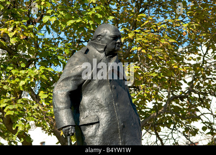 Bronze statue of Sir Winston Churchill in Parliament Square facing the Hiouse of Commons in London UK Stock Photo
