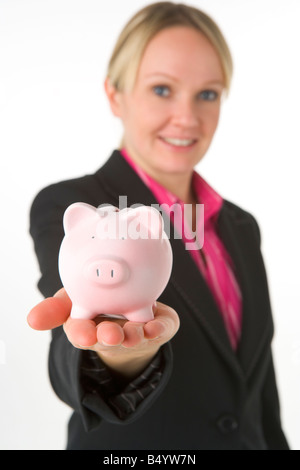 Businesswoman Holding Piggy Bank Stock Photo