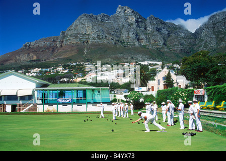 Lawn bowling club members at Camps Bay in Cape Town South Africa below Table Mountain Stock Photo