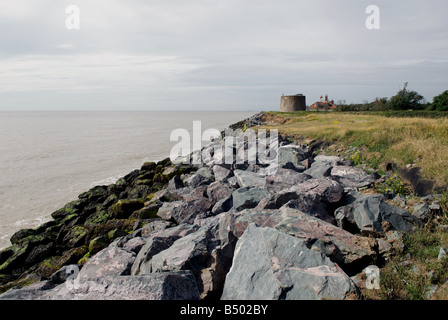 Rock armour to combat coastal erosion, East Lane, Bawdsey, Suffolk, UK. Stock Photo