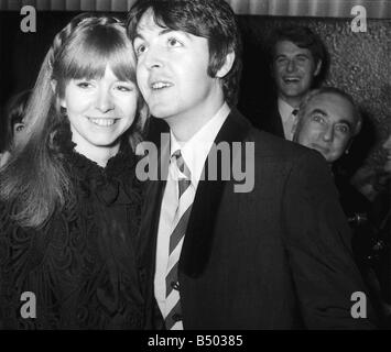 Beatles files 1968 Paul McCartney with Jane Asher at London Pavillion for the premiere of Here we go round the the mulberry Bush 04 01 68 Stock Photo