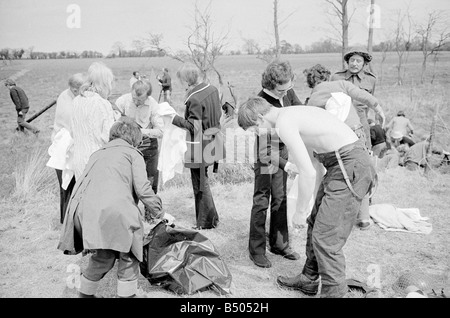 Dads Army ;Actor Ian Lavender as Pike and James Beck as Private Walker and Clive Dunn as Corporal Jones, dry off in the BBC TV series Dads Army seen filming on location in Thetford Norfolk.;The cast were filming an assault course scene.;72 4866;©DM Stock Photo