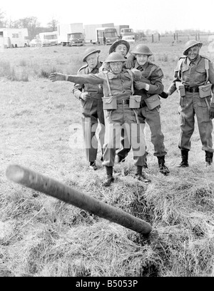 Dads Army ;Actor Clive Dunn who plays Corporal Jones Ian Lavender as pike , James Beck as Private Walker, John Laurie as Frasier and Arnold Ridley as Godfrey in the BBC TV series Dads Army seen filming on location in Thetford Norfolk.;The cast were filming an assault course scene.;72 4866;©DM;Anglia Press for DM Stock Photo