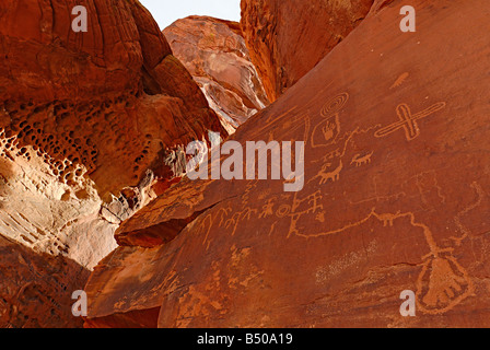 Ancient petroglyphs at Atlatl rock in Valley of Fire State Park. Stock Photo