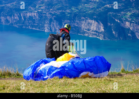 Para glider preparing for takeoff Gardasee, Italy Stock Photo