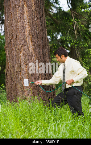 A mixed race businessman holding an electrical extension cord about to plug it in to a electrical outlet on a tree in a grassy f Stock Photo