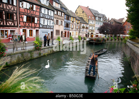 Sep 2008 Water canal and colorful half timbered houses on quai de la Poissonnerie street in Petite Venise Colmar Alsace France Stock Photo