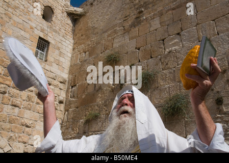 Israel Jerusalem Western Wall Sukot Festival Festival of Tabernacles orthodox jew praying with etrog Stock Photo